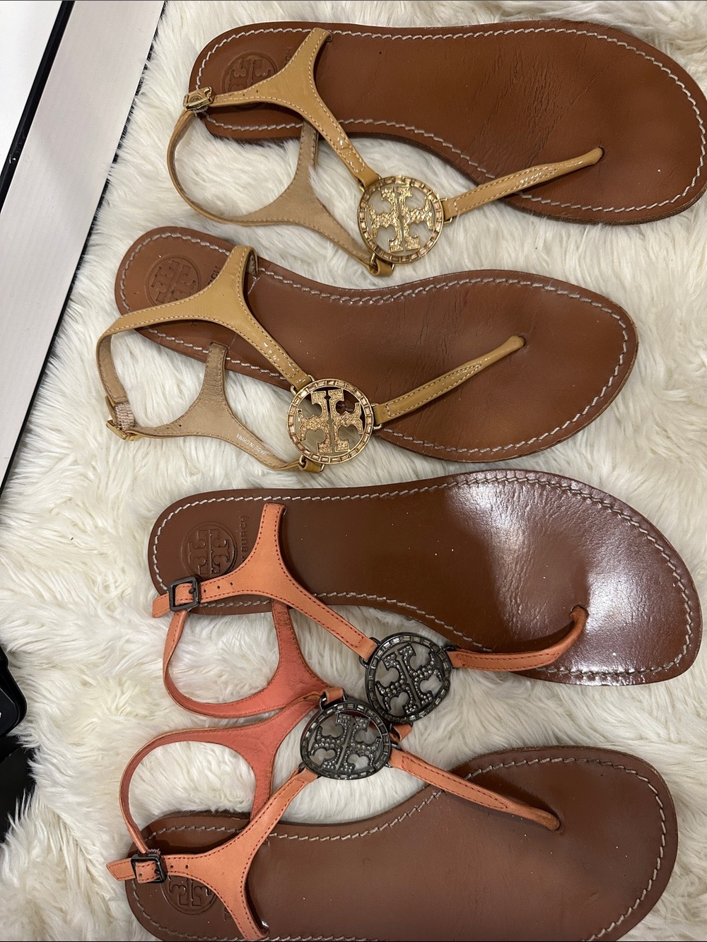 Tory Burch Leather T-Strap Sandals in Tan and Coral (2 pairs )